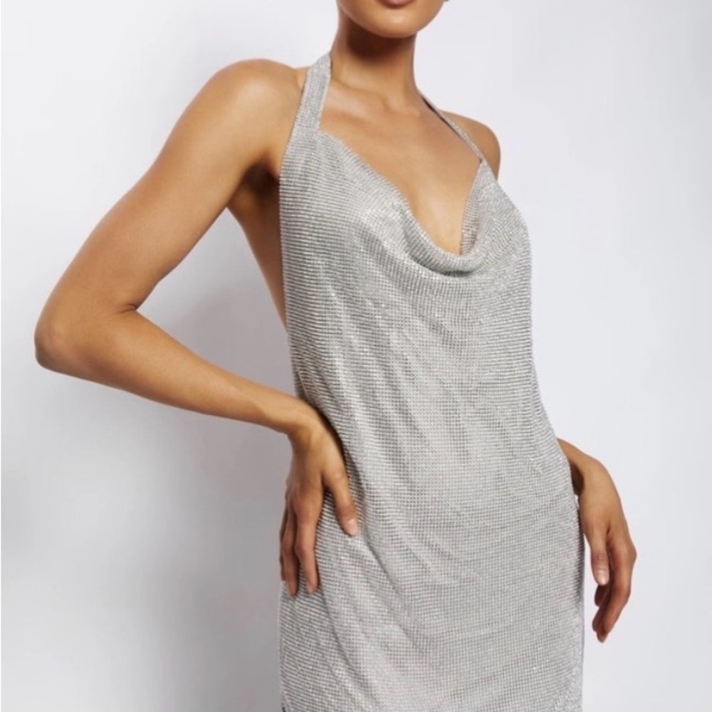 Meshki Silver Draped Halter Mini Dress